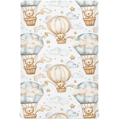 Crib Sheets for Boys Bear Hot Air Balloon Baby Girl Sheets,Neutral Mini Crib Mattress Sheets,Crib Mattress 52 * 28 * 9In