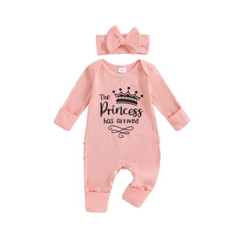Newborn Baby Girl Coming Home Outfit Long Sleeve Letter Romper Ribbed Ruffle Jumpsuit Headband Set Spring Fall Clothes