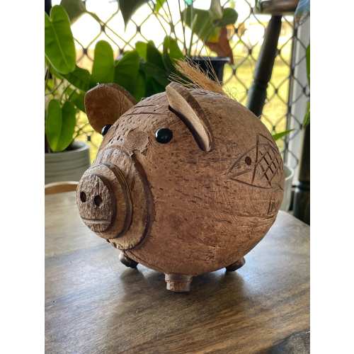 Hand Carved Coconut Piggy Bank – Guamanian Folk Art Display