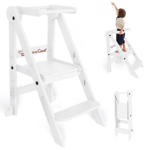 G TALECO GEAR Foldable Toddler Tower, Kitchen Kids Step Stool Helper, Standing Tower with 3 Adjustable Heights, White