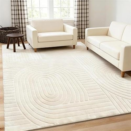 5x7 Solid Beige Area Rugs for Living Room, Geometric Washable Rug