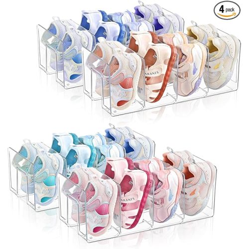 Kids Shoe Organizer Stackable: Clear Acrylic Baby Shoe Rack with Dividers - Closet Storage for Toddlers & Nursery Use (4 Pack)
