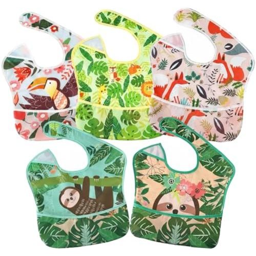 PandaEar 5 Pack Baby Bibs for Boys & Girls, Waterproof Adjustable Mealtime Bibs for Toddler 6-24 Months, Lightweight Soft