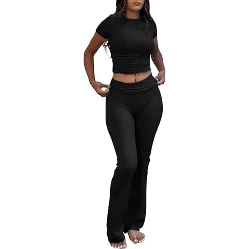 Women's 2 Piece Lounge Outfits Slim Short Sleeve Tops Low Rise Flare Leggings Sets Yoga Sweatsuit