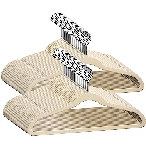 TechZoo 50 Premium Kids Velvet Hangers - 14" Non-Slip Clothes Hangers for Kids & Preteens - Ultra Slim, Space-Saving, Strong & Durable Hangers with 360° Swivel Hook - Ivory