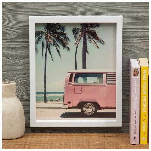 Pink Bus At Beach Framed Wall Decor