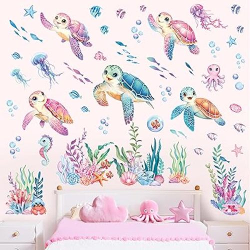 decalmile Sea Turtles Ocean Wall Decals Under The Sea Coral Seaweed Jellyfish Wall Stickers Baby Nursery Kids Bedroom Bathroom Daycare Wall Decor