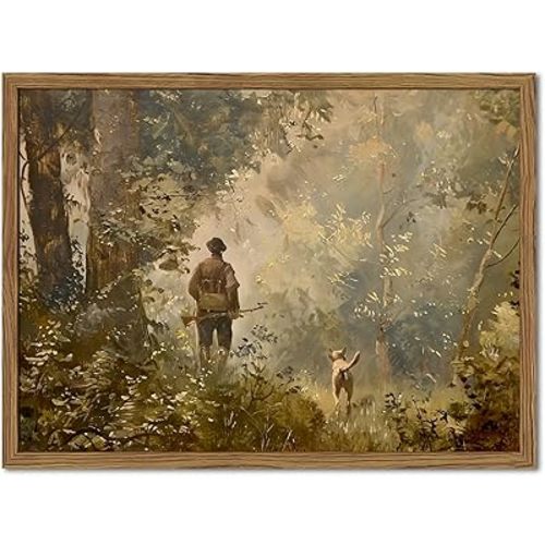 Vintage Hunting Wall Art, Dark Academia Hunting Wall Decor Owner and Hunters Dog Canvas Prints Moody Nature Forest Farmhouse Artwork for Bedroom Living Room 16x12 inch Wood Framed