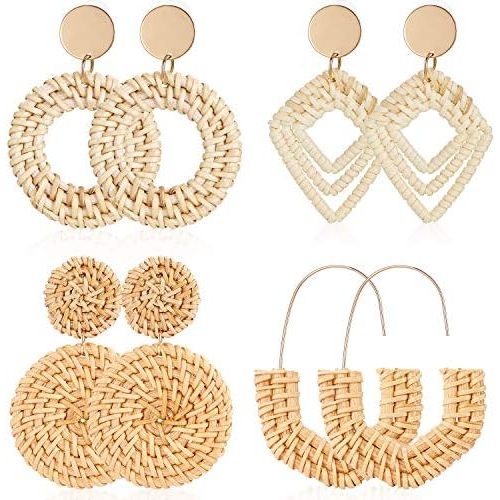 meekoo 4 Pairs Rattan Earrings for Women Beach Essentials Tassel Dangle Boho Straw Earrings
