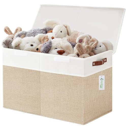 Bagnizer Large Toy Storage Box with Lids, Collapsible Sturdy Baby Storage Organizer Chest Bin Basket for Kids, Boys, Girls, Playroom, Nursery, Bedroom, Closet 25"x13"x16" (Beige and White)