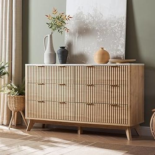 T4TREAM Fluted 6 Drawers Dresser, 54" Wide Modern Chest of Drawers with Faux Marble Top, Curved Profile Design, Dresser TV Stand, Wood Drawer Organizer for Bedroom, Living Room, Hallway, Natural Oak