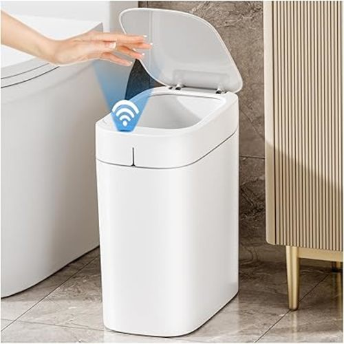MOPALL Bathroom Trash Can with Lid, Motion Sensor Trash Can Automatic Touchless, 3.5 Gallon Smart Garbage Can with Lid,Auto-Adsorption Slim Small Waste Basket for Bedroom,Bathroom,Kitchen