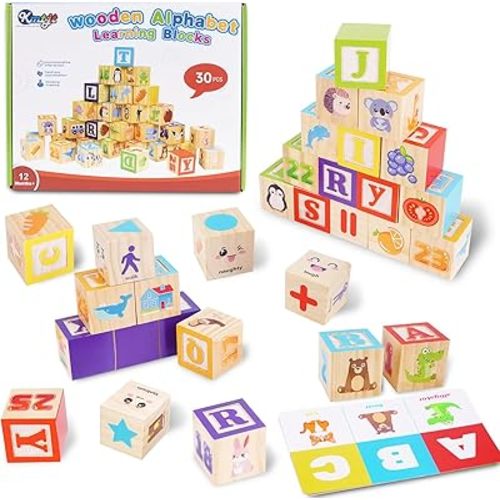 Wooden Alphabet Blocks for Toddlers 1-3 | ABC Stacking Blocks Toys for 1 2 3 Year Old Kids | One Year Old Girl Boy 1st First Birthday Gifts | Number Building Blocks Learning Educational Toys