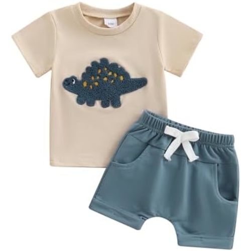 fhutpw Toddler Baby Boy Summer Clothes Embroidery T-Shirt Casual Shorts Sets Infant Truck Excavator Dinosaur Pattern Outfits
