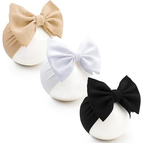 Baby Bow Headbands 3 Pcs Baby Girl Headbands with Bows Soft Nylon Kahki/White/Black Headband Bows for Baby Girls, Newborns, Infants