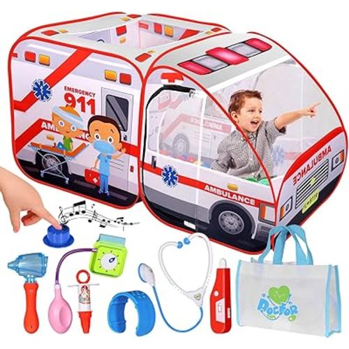 Ambulance Pop-up Play Tent for Kids with Sounds, Doctor Kit & Ball Pit for Toddlers & Up - Easy Setup Pop up Toy for Indoor & Outdoor, Emergency Vehicle Playset, Pretend Play, Great Gift