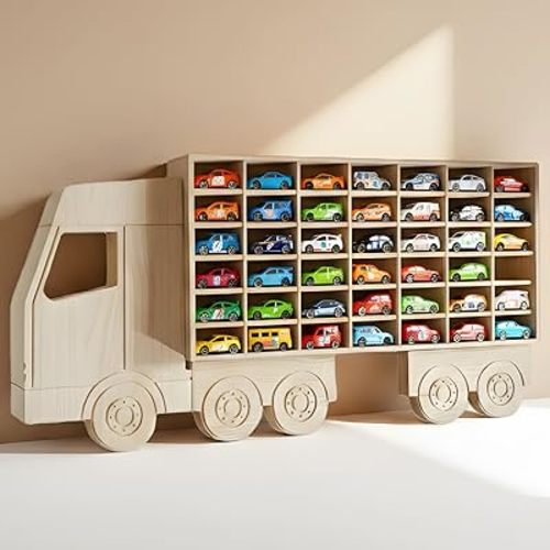 Wood Car Display Shelf, Toy Car Storage Organizer for 1/64 Scale Diecast Cars, Holds 42 Models, Freestanding & Wall-Mounted Rack, Model Car Display Case
