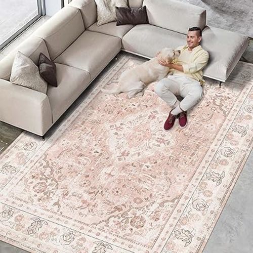 Vhong Area Rugs Boho Washable Vintage Modern Dusty Pink Large Carpet 8×10 Rugs for Dinning Room Living Room Bedroom Girls' Room Nursery Room Non Slip