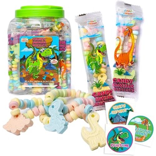 50 Dinosaur Candy Bracelets, Individually Wrapped Dino Snacks, Party Favors