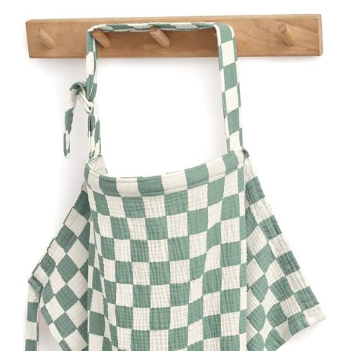 Blissful Diary Muslin Nursing Cover for Breastfeeding, Breathable Breastfeeding Cover up with Arch Neckline for Women, Nursing Apron (Sage Checkboard)