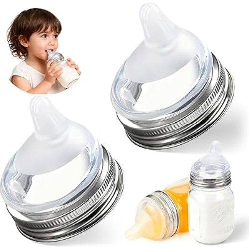 Palksky Silicone Mason Jar Sippy Cup Lids, Regular Mouth Mason Jar Drinking Lids for Toddlers, Reusable Leak-Proof Bottle Nipples for Baby & Kids Transition Cups, 2 Pack