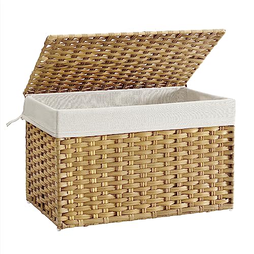 SONGMICS Storage Basket with Lid, 27.7 Gallon (105L) Storage Bin, Woven Blanket Storage Basket with Handles, Foldable, Removable Liner, Metal Frame, for Bedroom, Laundry Room, Natural URST066N01