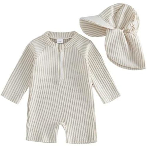 Gueuusu Baby Boys Girls Swimsuit One Piece Striped Zipper Bathing Suit Rash Guard Long Sleeve Seersucker Swimwear Sunsuit