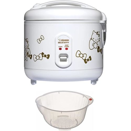 Zojirushi Hello Kitty 5.5-Cup Automatic Rice Cooker and Warmer (White) Bundle with 9.5-Inch Rice Washing Bowl with Side and Bottom Drainers (2 Items)