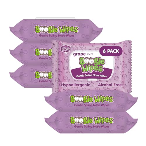 Boogie Wipes Gentle Saline Nose Wipes - 180 Count - Grape Scent, Hypoallergenic & Alcohol-Free - Allergy Relief - Made with Natural Saline, Aloe, Chamomile & Vitamin E - Diaper Bag Essential