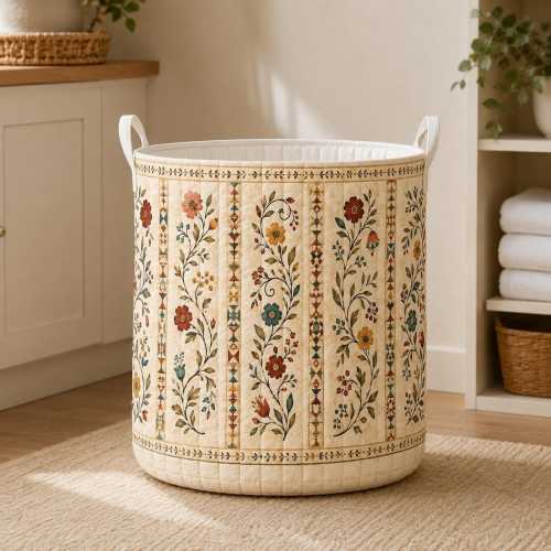 Vintage Floral Vertical Stripe Quilted Laundry Basket, Mothers Day Gift, Shabby Chic Housewarming Gift, Fabric Storage Bin, Hamper