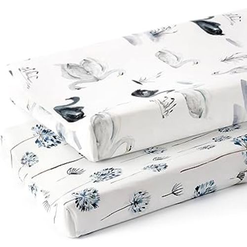 GRSSDER Stretch Ultra Soft Jersey Knit Changing Pad Cover Set 2 Pack, Change Table Pad Covers Fit 32"/34" x 16" Pads Safe and Snug, Pretty Swan/Watercolor Dandelion for Baby