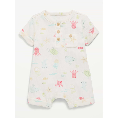 Printed Ribbed Henley Pocket One-Piece Romper for Baby
