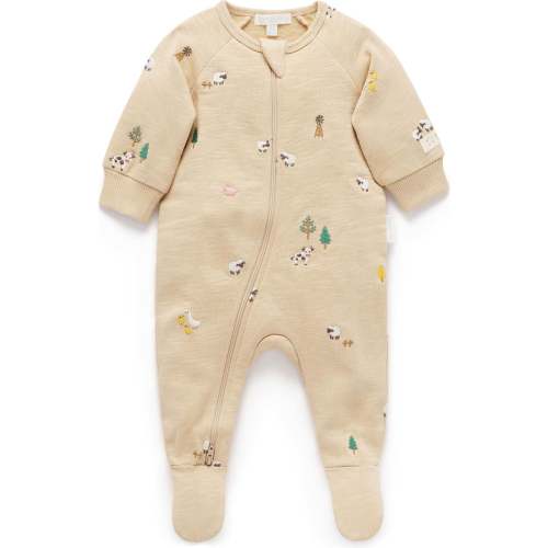 Embroidered Fleece Growsuit Farm Friends Broderie - Purebaby Rompers | Maisonette