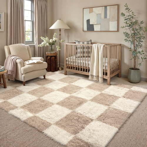 BERTHMEER 5'x8' Shag Area Rugs for Living Room Bedroom Dinning Room Fluffy Checkered Soft Modern Plush Pile Ultra-Soft Rugs Carpets,Beige White