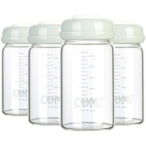 COMI Wide Neck Glass Breastmilk Collection n Storage Bottle, 4 Packs, 6oz with Screw Ring Sealing Disk; Re-markable Sealing Disc. BPA Free, Fits Breast Pumps & Nipples (4 Gray Lids)