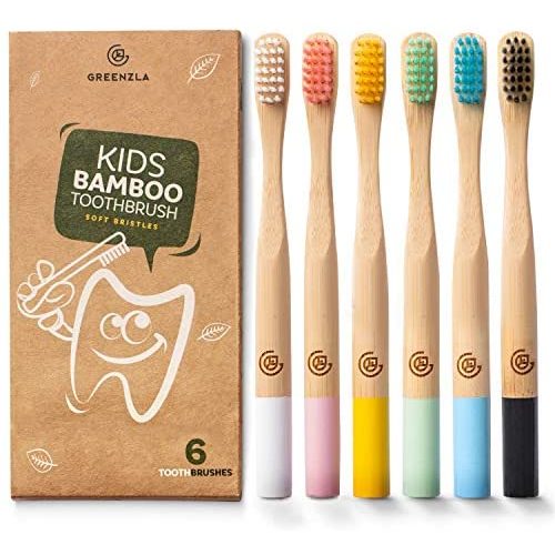 Greenzla Kids Bamboo Toothbrushes (6 Pack) | BPA Free Soft Bristles Toothbrushes | Eco-Friendly, Natural Bamboo Toothbrush Set | Biodegradable, Compostable & Organic Charcoal Wooden toothbrushes