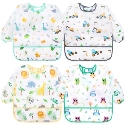 Accmor 4 Pack Long Sleeve Bibs, Baby Smock Waterproof Sleeved Bib Smock for Baby Toddler 6-36 Months