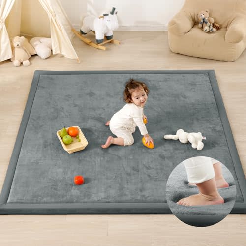 PaPaMat 1.3" Thick Baby Play Mat for Floor Playpen, 50x50 Foam Tummy Time Mat, Padded Support Soft Plush Nursery Rug for Infant Kids Toddler Crawling Kick Activity (Dark Grey)