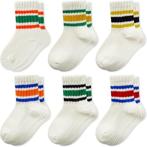 BONANGEL Baby Socks with Grips, 6 Pairs Combed Cotton Seamless Non Slip Crew Socks for Infant Toddler Girls Boys 0-5T