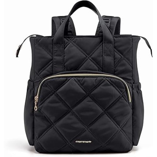 mommore Quilted Diaper Bag Backpack, Small Baby Bags, Lightweight Mini Diaper Backpack for Travel, with Insulated Pockets, Changing Pad (Black)