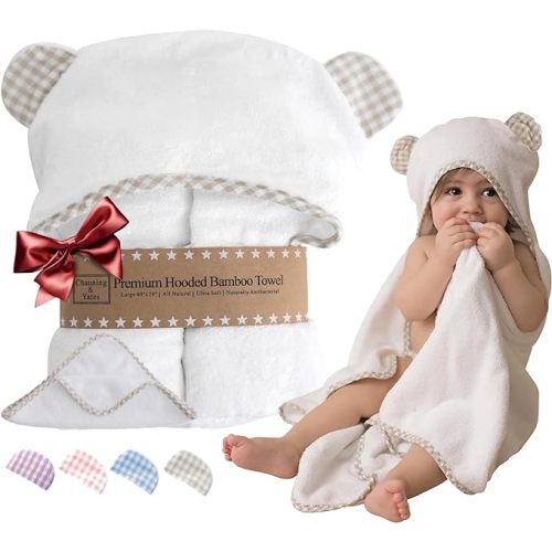 Channing & Yates Premium Organic Baby Towel Set - Soft Viscose Bamboo Hooded Towel & Washcloth - Girl & Boy Bath Essentials (Beige/White)