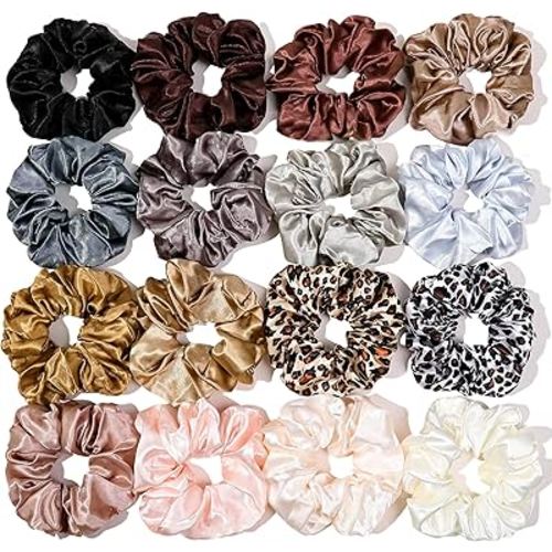 16 Scrunchies for Women - Satin Hair Ties and Bands, Big Ponytail Holders for Thick, Curly Hair, Cute No-Crease Pony Tails, No Damage