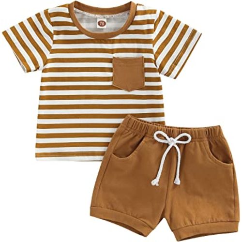 VISGOGO Baby Boy Summer Clothes Outfits Set Short Sleeve Striped T-Shirt Tops + Short Pants 6 12 18 24 Months 2T 3T