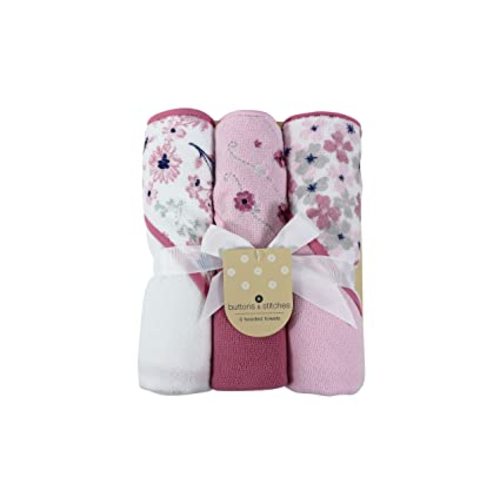Cudlie Buttons & Stitches Baby Girl 3 Pack Rolled/Carded Hooded Towels in Crisp Blossom Print (GS71728)