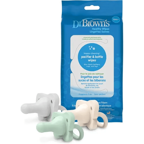 Dr. Brown's HappyPaci 100% Silicone Pacifier 0-6m, BPA Free, Cool Gray, Green, Ecru, 3 Pack and Pacifier and Bottle Wipes, 40 Count