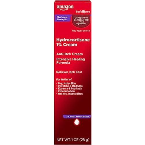 Amazon Basic Care Maximum Strength Anti-Itch Cream, Hydrocortisone 1 Percent Intensive Healing Formula, Itch Relief For Bug Bites, Eczema, Psoriasis, Poison Ivy, Oak and Sumac, 1 ounce (Pack of 1)