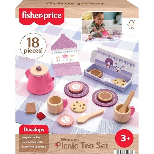 Fisher-Price Wood Pretend Play Toy Picnic Tea Set, 18-Pieces with Blanket, Wooden Cups Saucers & Food for Preschool Kids Ages 3+ Years