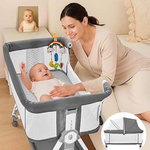 4-in-1 Baby Bassinets Bedside Sleeper, Bedside Bassinet with Wheels, 6-Height Adjustable Bassinet with Soft Mattress, Mosquito Net, Soothing Toy for Newborns & Infants(Grey)