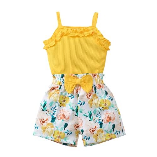 Kucnuzki Toddler Baby Girl Clothes Sleeveless Tank Tops Ruffle Halter Shirts Floral Shorts 2 Piece Set Summer Outfits