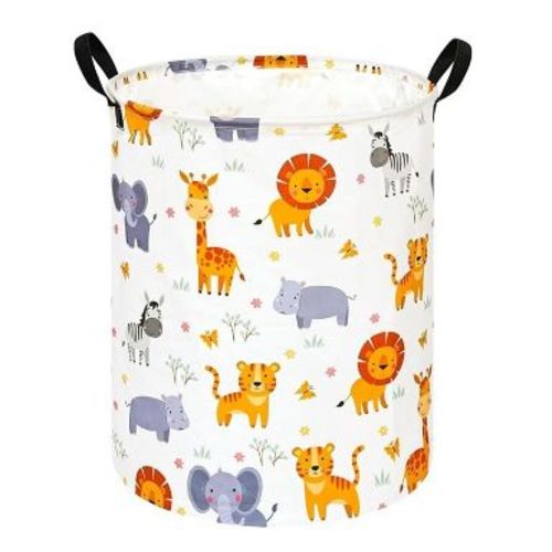 Home Collection Round Laundry Hamper Fabric Storage Basket with Handles Lion zoo